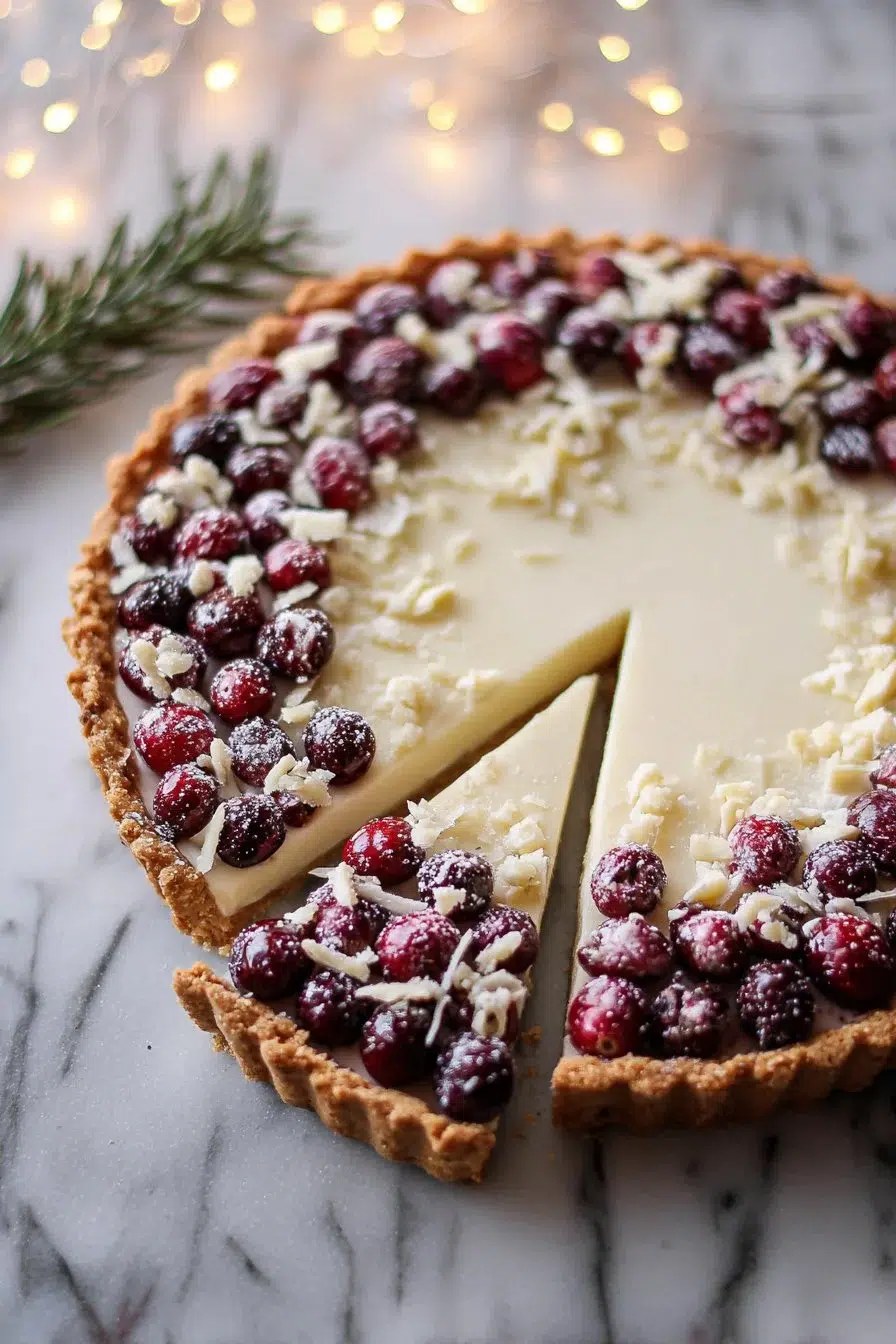 Festive white chocolate cranberry tart garnished with cranberries and white chocolate shavings.