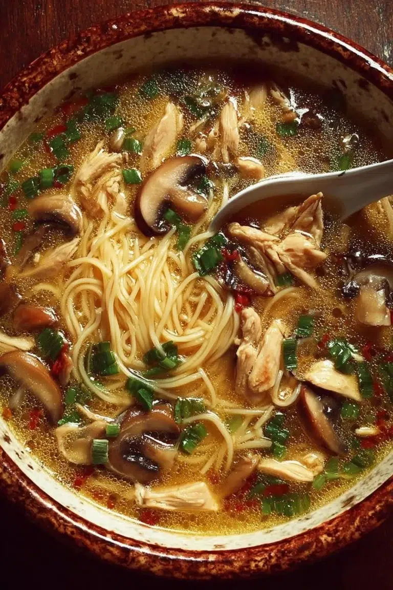 A steaming bowl of Garlic Ginger Chicken and Mushroom Noodle Soup garnished with fresh herbs.