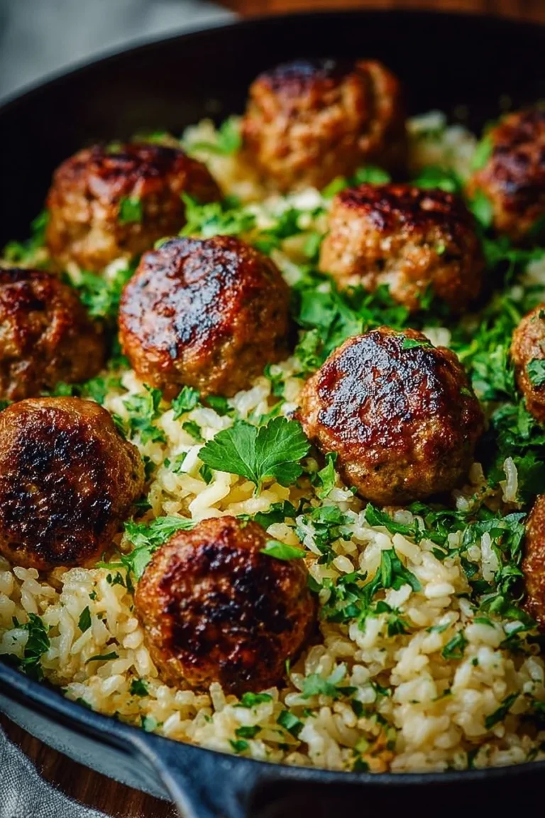 Garlic Meatball served with Herb Rice in a skillet for a delightful meal.
