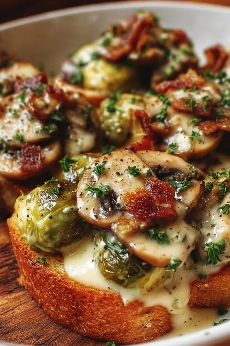 Delicious Garlic Mushroom Toast garnished with herbs on a wooden board.