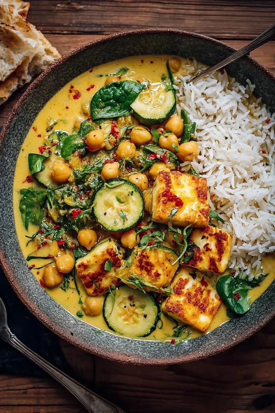 Golden chickpea and zucchini coconut curry with halloumi and spinach