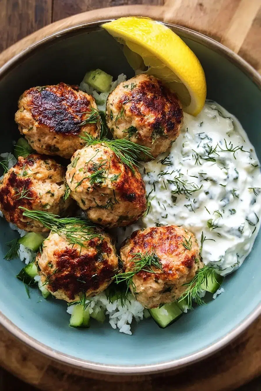 Greek chicken meatballs served with homemade tzatziki sauce on a plate