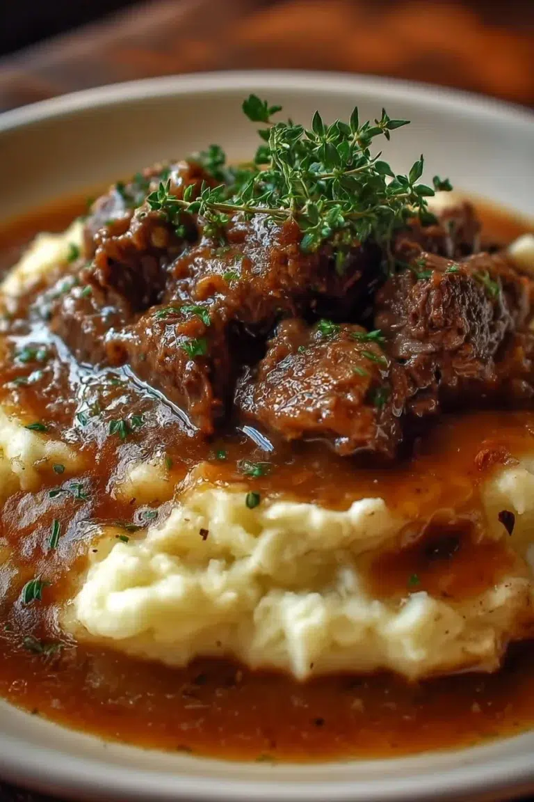 Delicious plate of hearty beef and mash with gravy and vegetables
