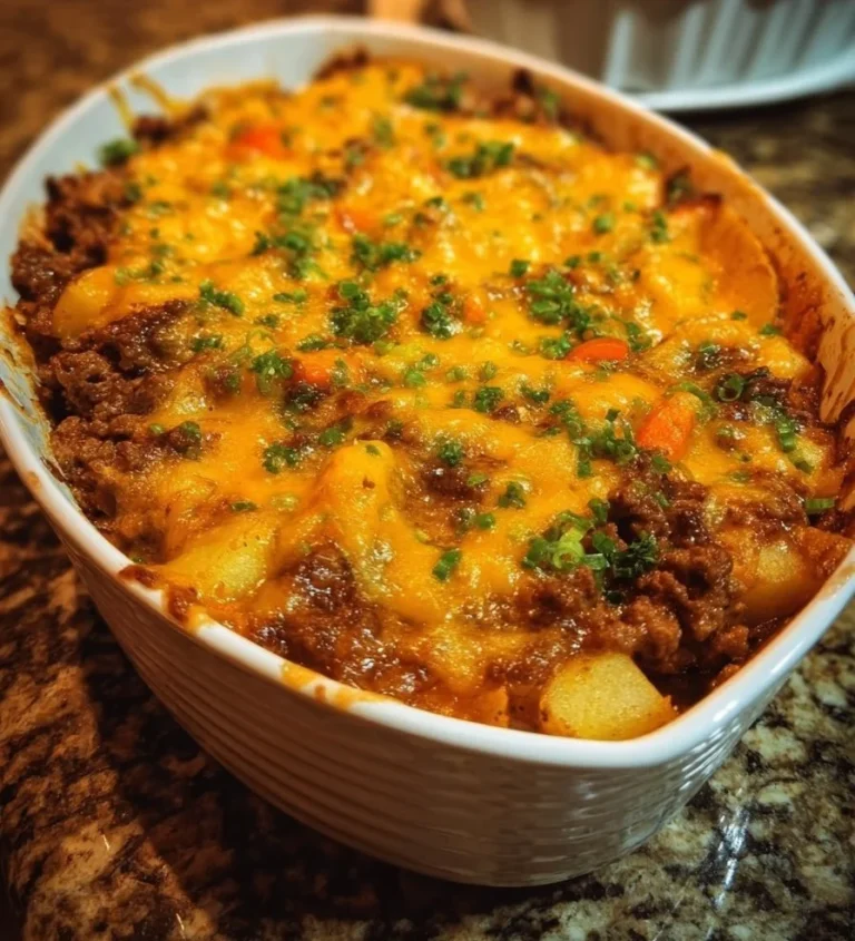 Delicious Hobo Casserole with ground beef and vegetables in a baking dish