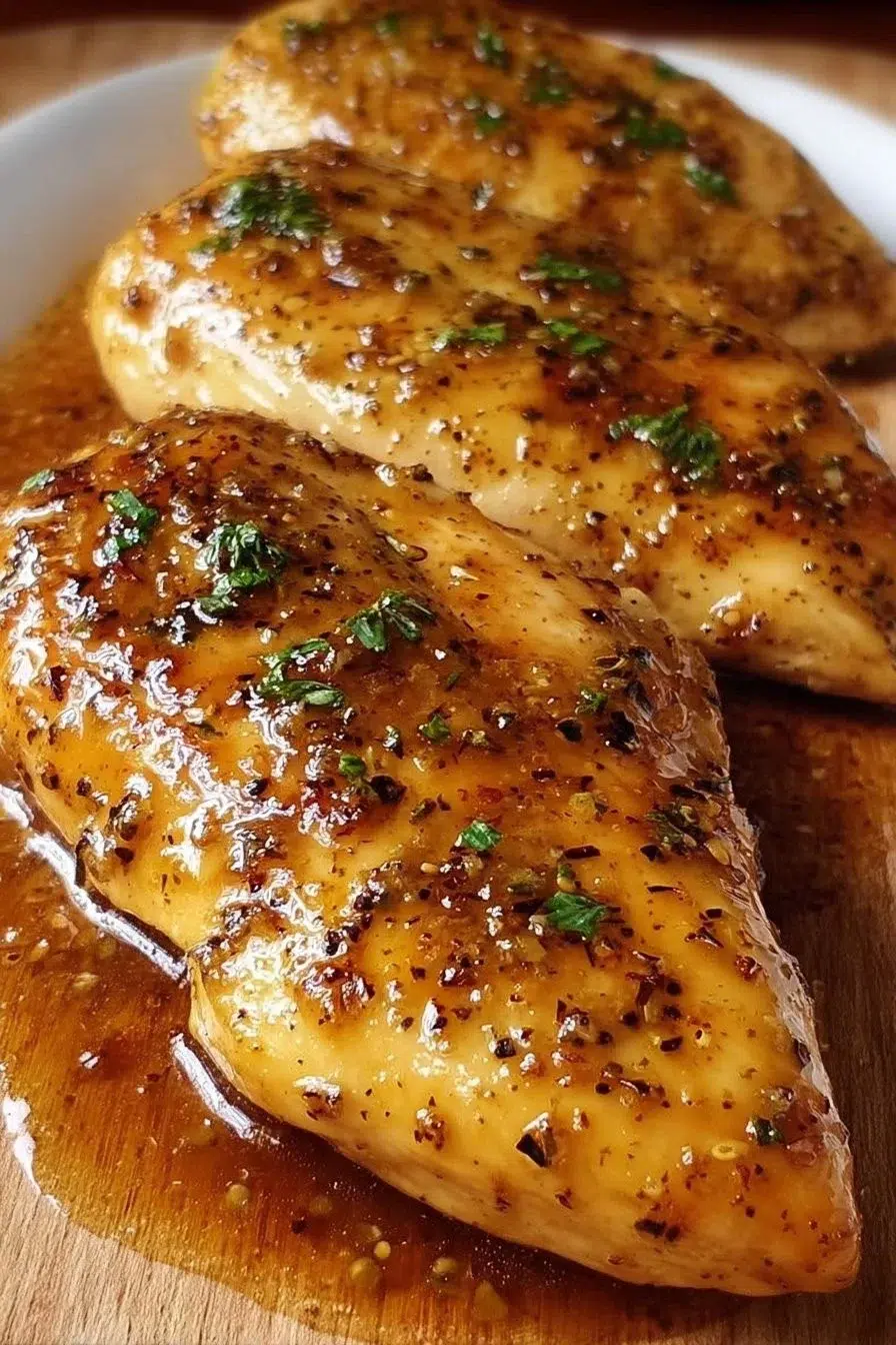 Juicy Honey Mustard Chicken Breast garnished with herbs on a plate
