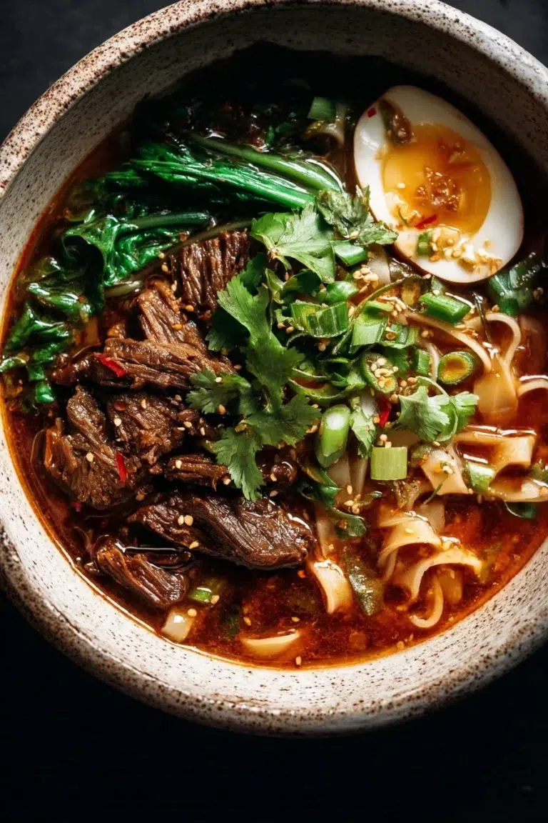 Bowl of spicy short rib noodle soup made in an Instant Pot