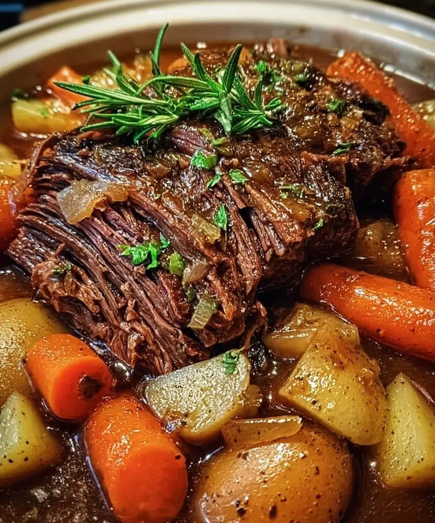 Delicious Italian pot roast prepared in a slow cooker with herbs and spices