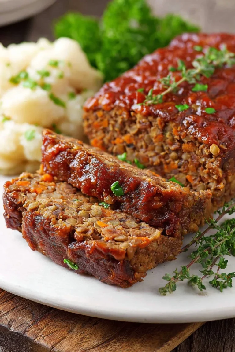 Delicious Lentil Loaf served on a plate with fresh herbs.
