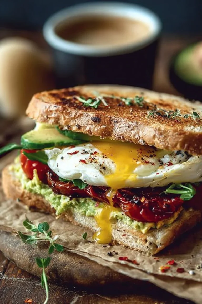 Mediterranean breakfast sandwich with fresh ingredients and flavors.