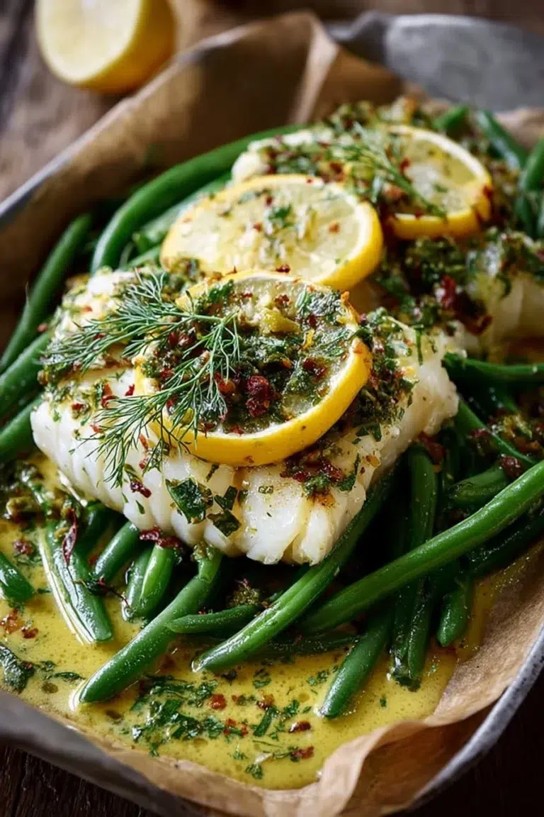 Mediterranean Cod served with lemon herb sauce and green beans