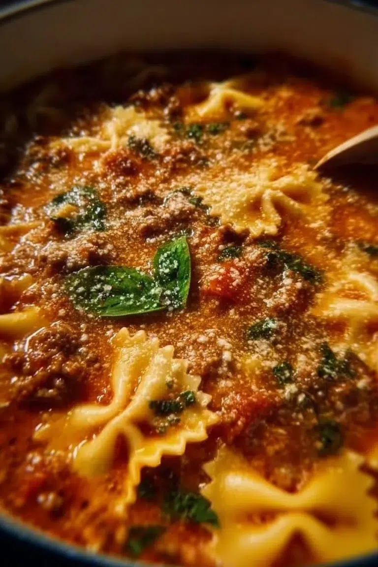 A bowl of hearty one pot lasagna soup with cheese and pasta