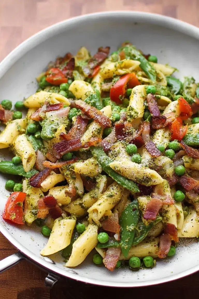 Bowl of pasta with bacon and peas garnished with parsley