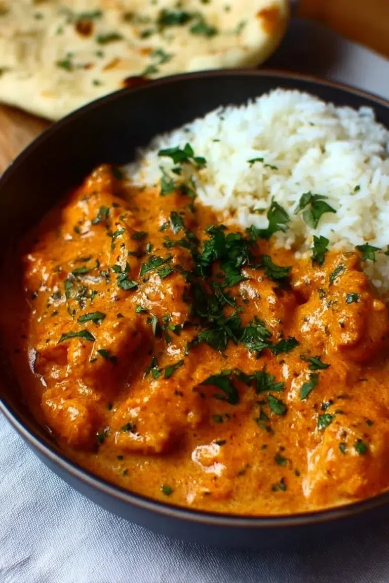 Delicious homemade butter chicken served with rice and naan.