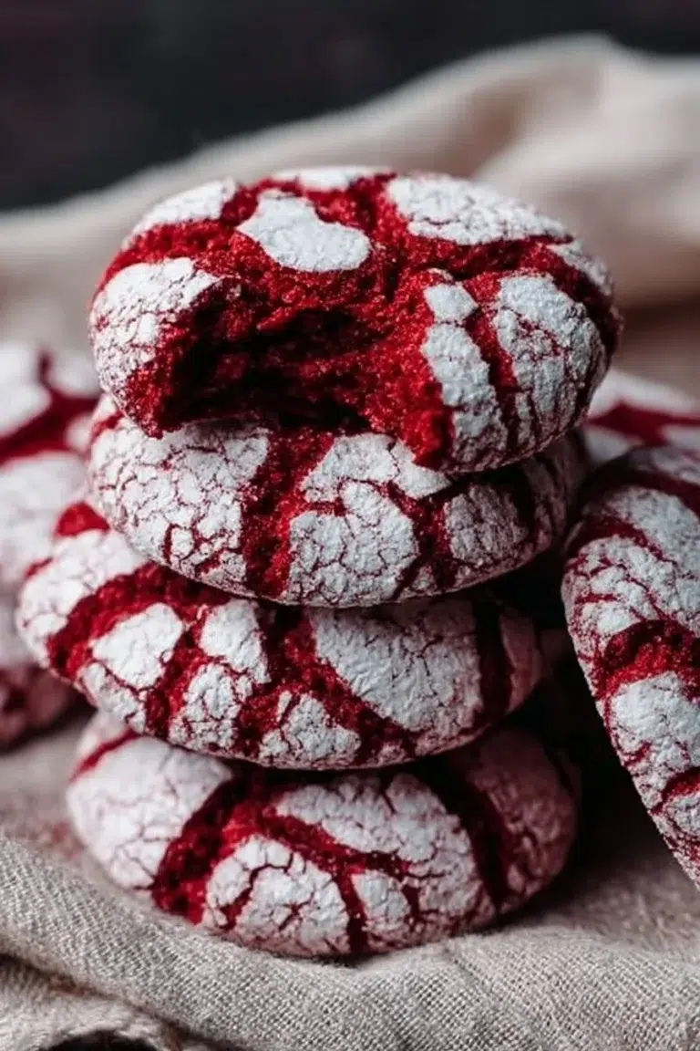 Delicious red velvet crinkle cookies on a plate, perfect for desserts.