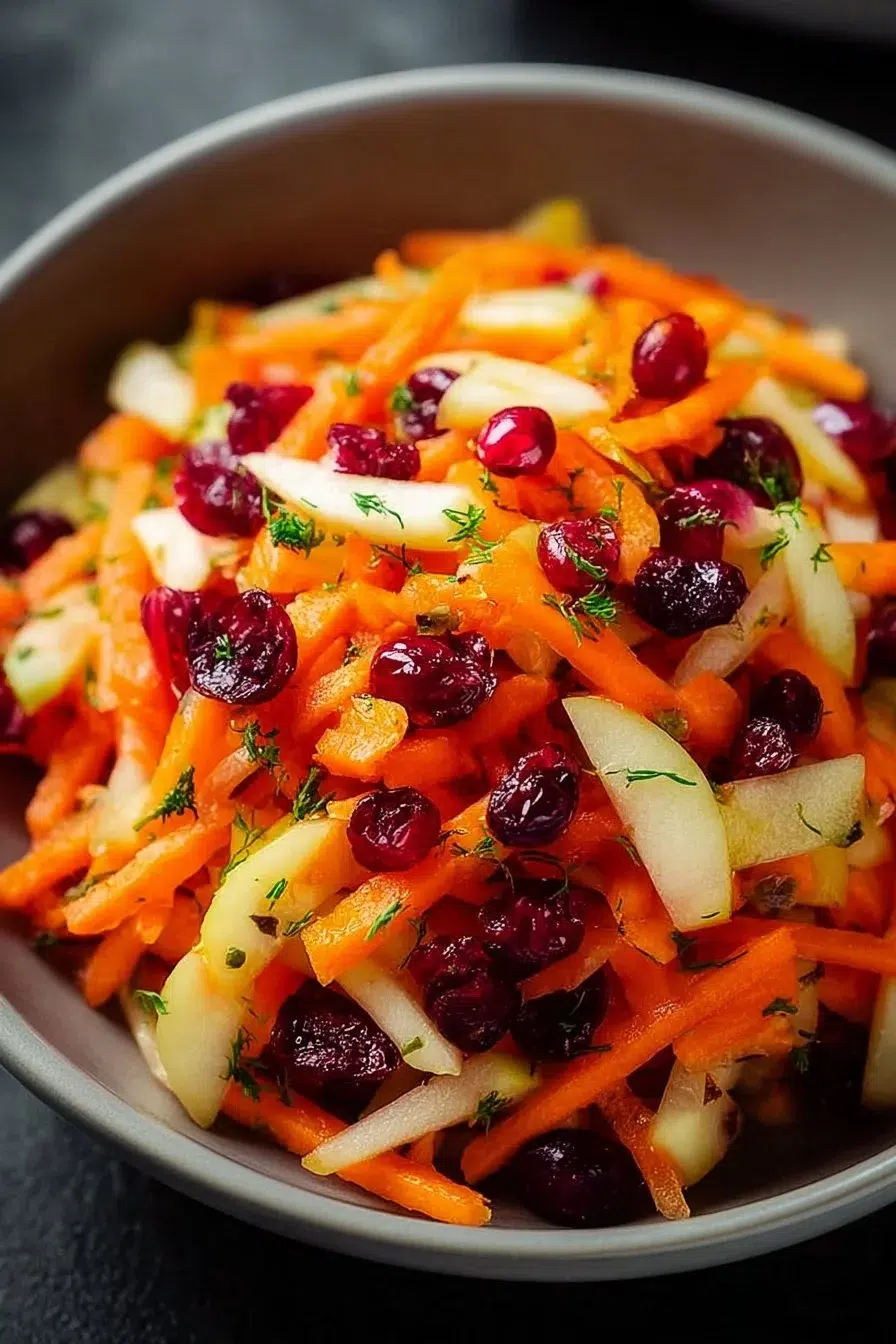 Freshly made apple cranberry carrot salad with vibrant ingredients in a bowl