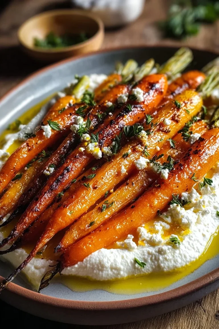 Roasted carrots topped with whipped ricotta and hot honey on a plate