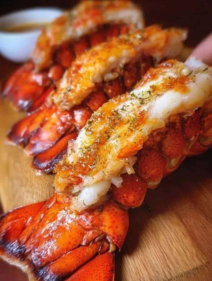 Delicious roasted lobster tail served with a side of lemon and herbs.