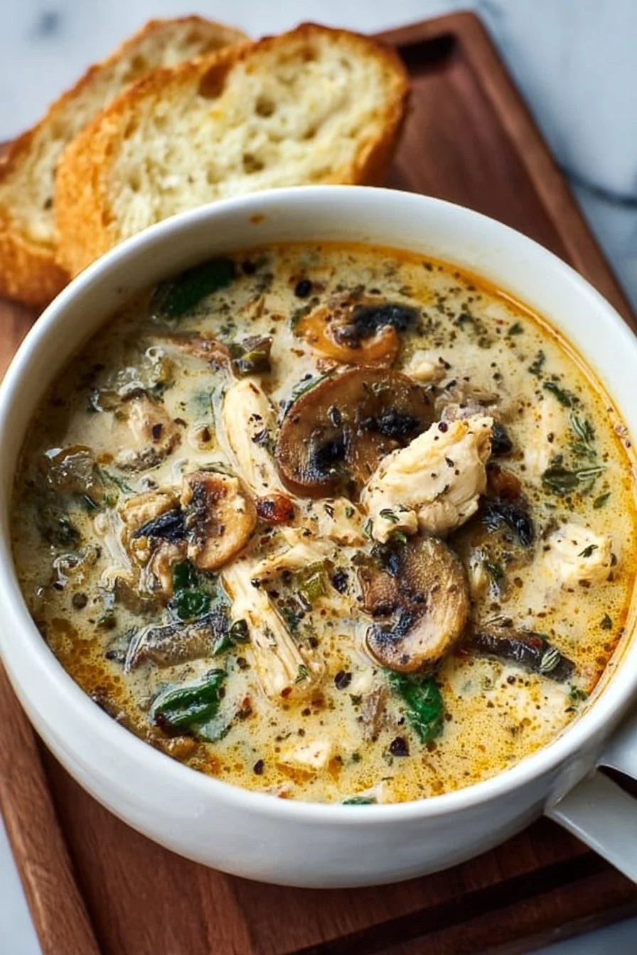 Bowl of rotisserie chicken mushroom soup topped with fresh herbs