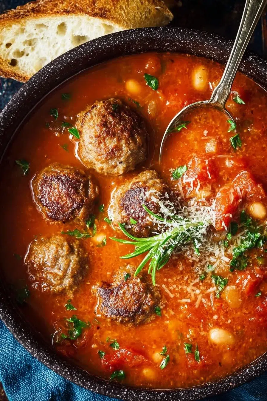 Rustic Parmesan meatball soup with white beans and tomatoes in a bowl