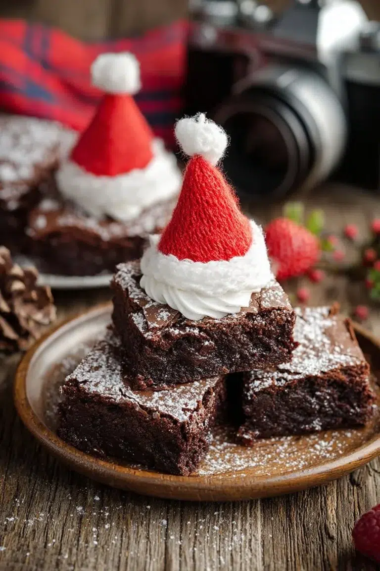 Festive Santa Hat Brownies topped with whipped cream and strawberries