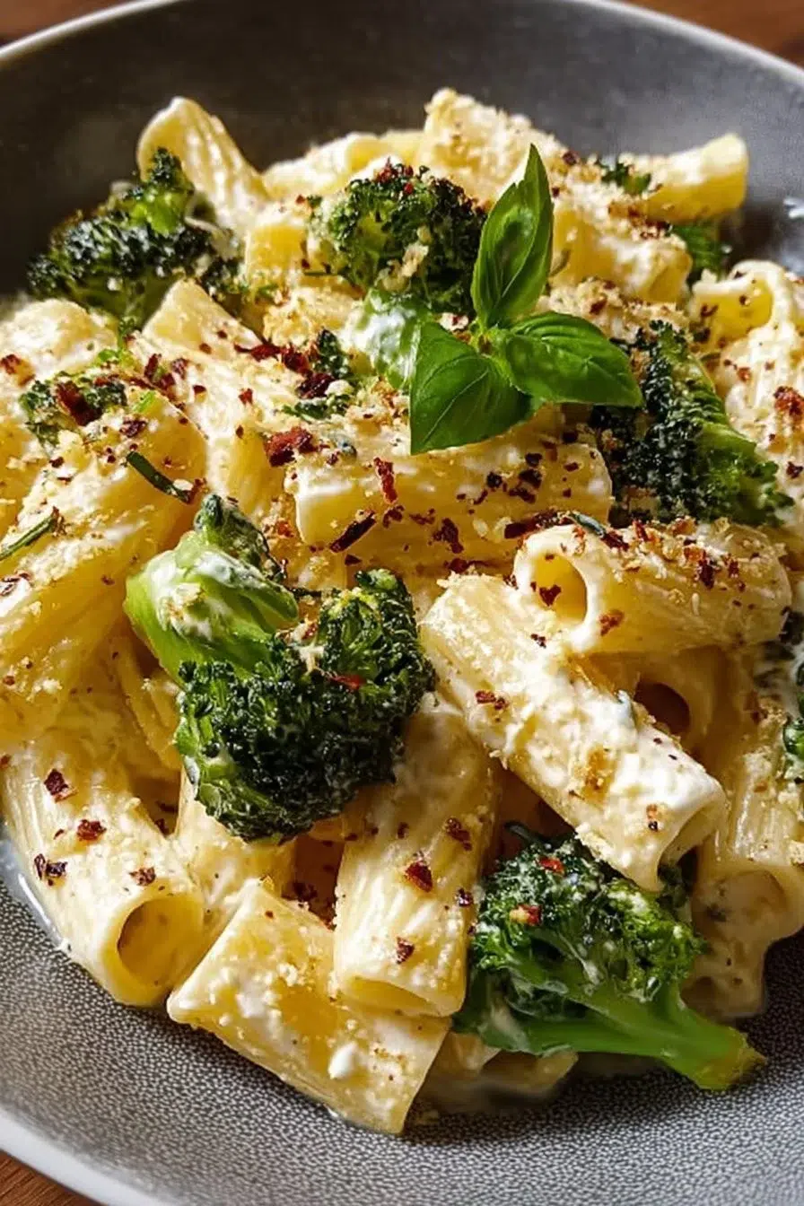 Skillet ricotta pasta with roasted broccoli in a colorful presentation.