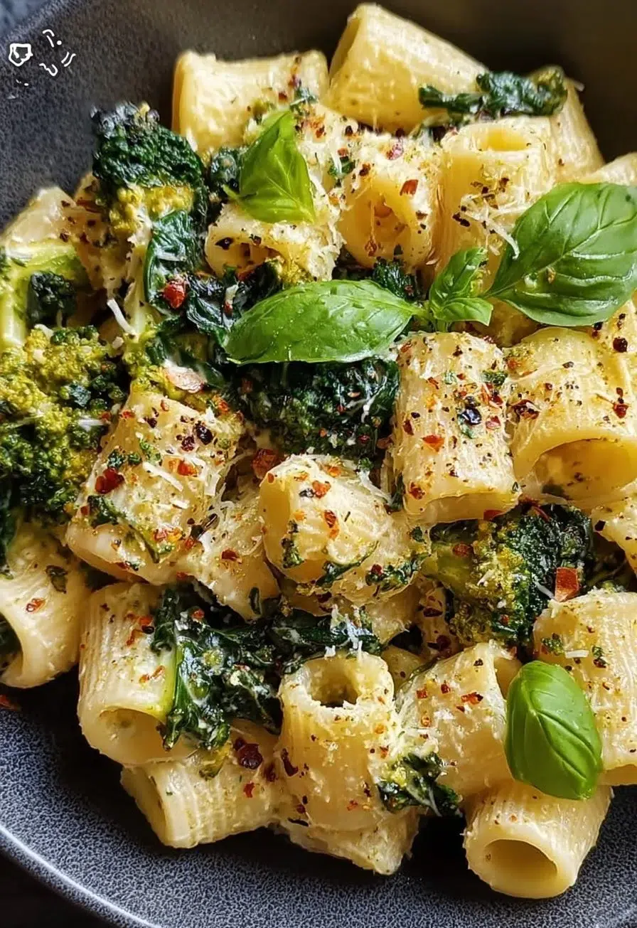 Skillet Ricotta Pasta with Roasted Broccoli and Spinach served in a bowl