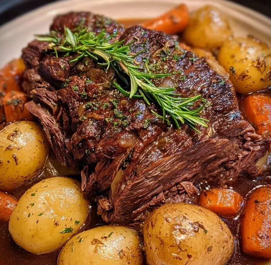 Delicious slow cooker pot roast with vegetables and gravy in a cozy kitchen setting.