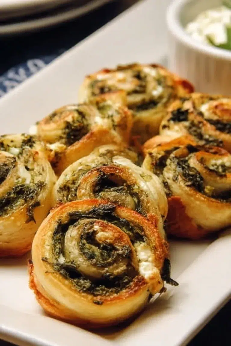 Delicious Spinach and Feta Pinwheels on a serving platter