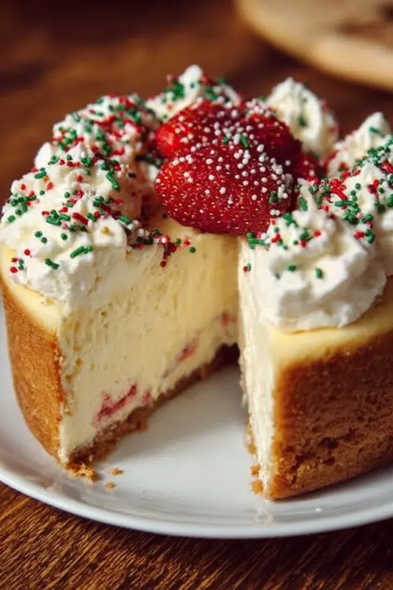 Delicious Sugar Cookie Cheesecake topped with festive sprinkles.