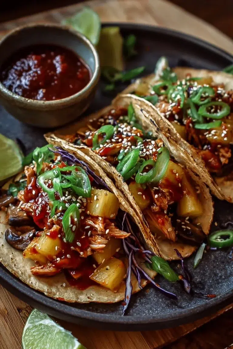 Sweet and spicy pineapple chicken tacos with mushrooms and gochujang sauce
