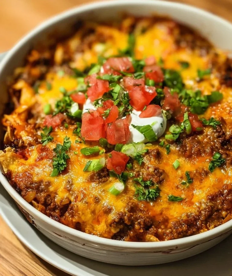 Delicious taco casserole topped with cheese and fresh ingredients.