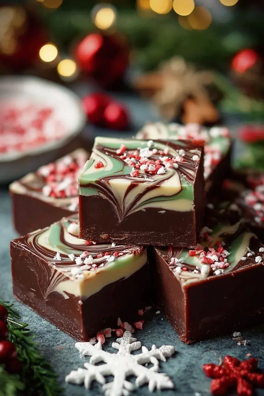 Delicious homemade Christmas fudge in a festive holiday setting.