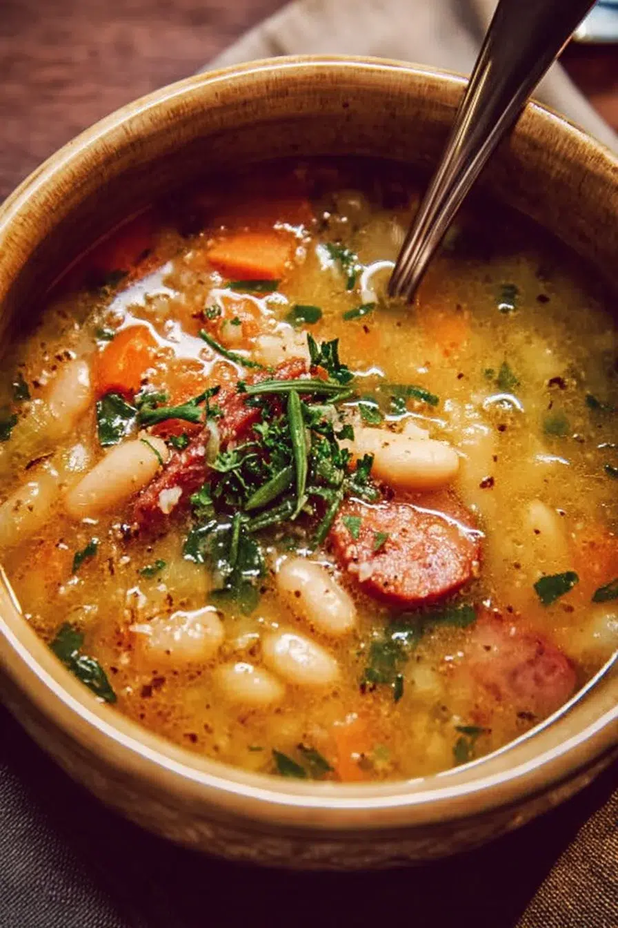 A bowl of delicious Tuscan Bean Soup topped with fresh herbs ready to serve.