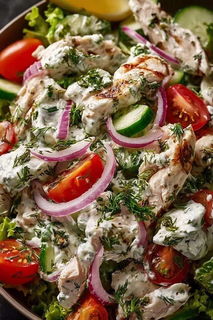 Delicious Tzatziki Chicken Salad with fresh vegetables and herbs