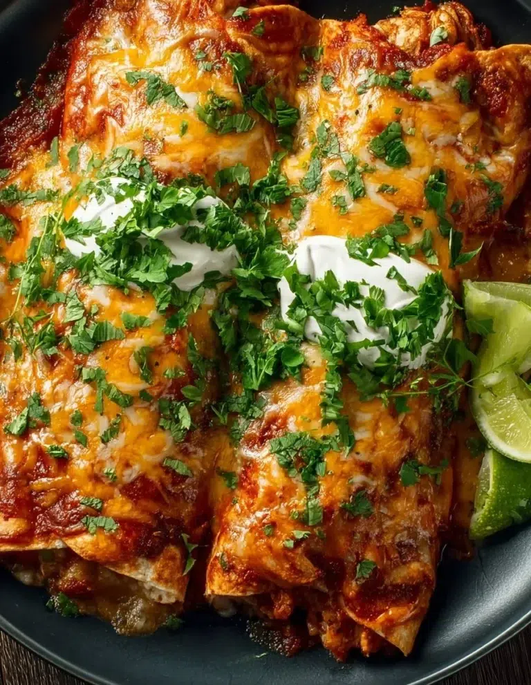 Plate of quick and easy chicken enchiladas topped with cheese and salsa