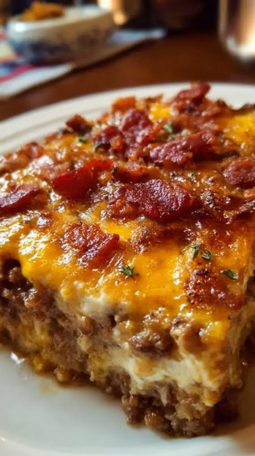 A delicious Bacon Cheeseburger Casserole topped with crispy bacon and melted cheese.