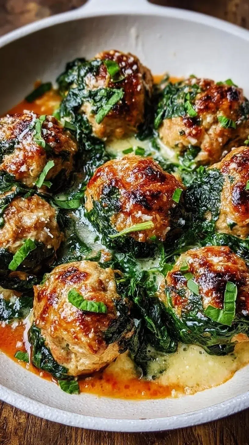 Baked chicken ricotta meatballs with spinach on a plate