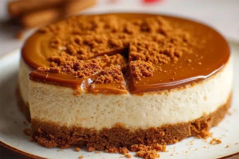 Delicious homemade Biscoff cheesecake topped with Biscoff cookie crumbles.