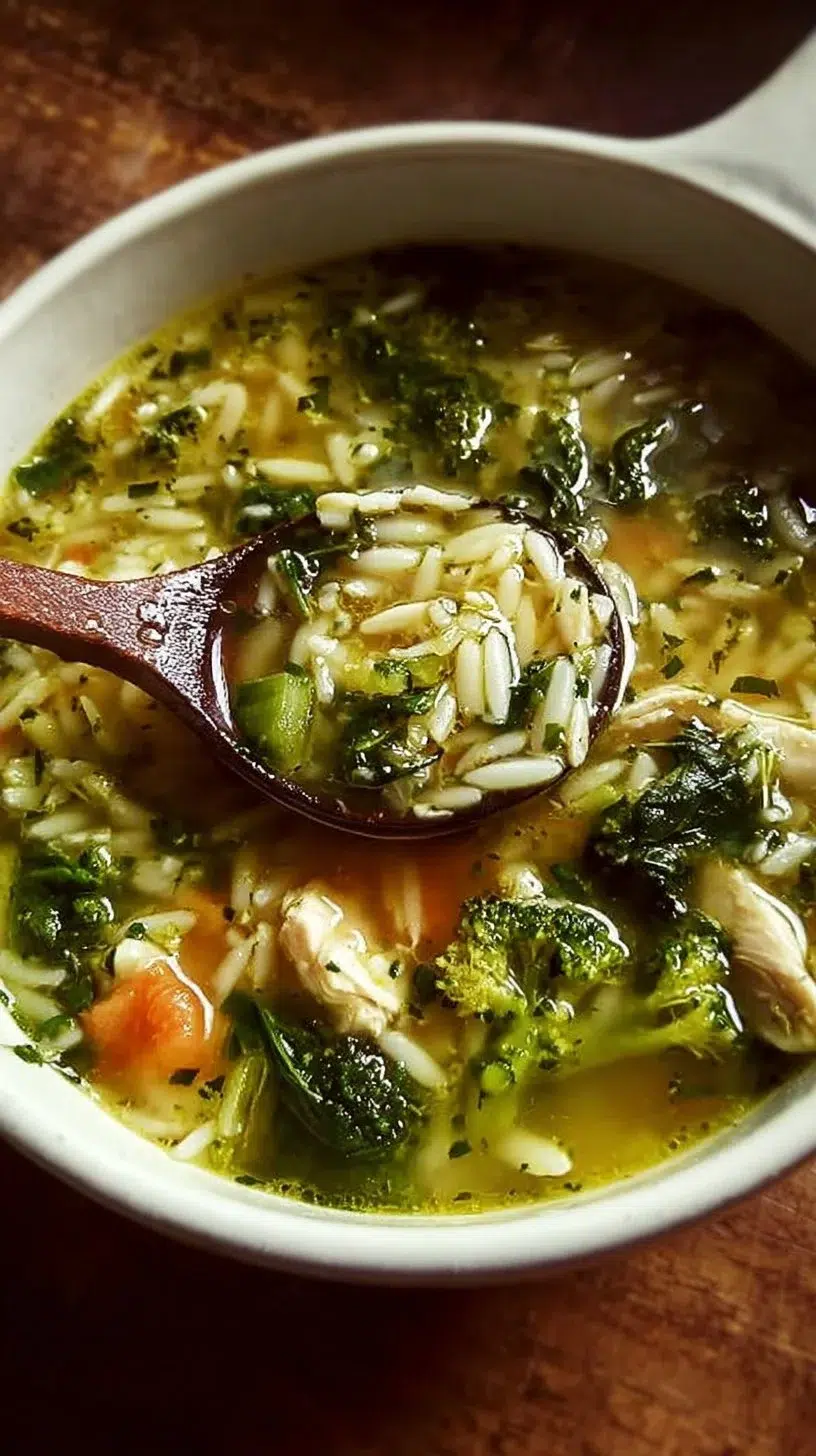 Bowl of Broccoli Chicken Orzo Soup with Spinach garnished with herbs.