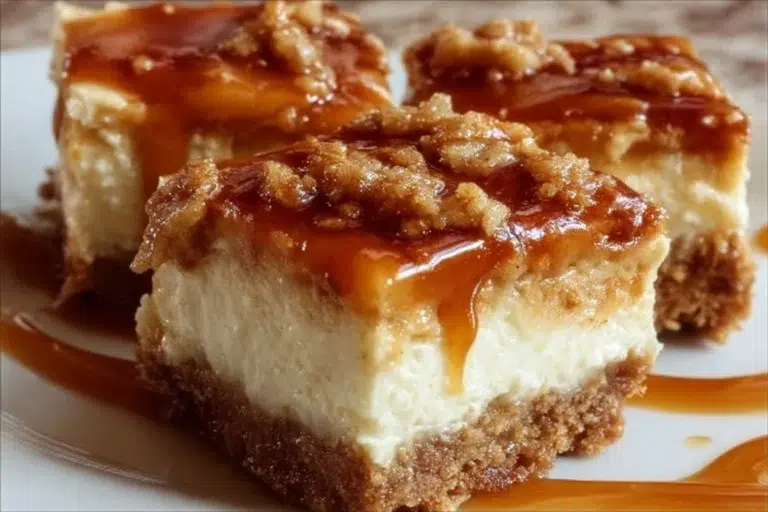 Delicious Caramel Apple Cheesecake Bars topped with caramel drizzle and apple slices