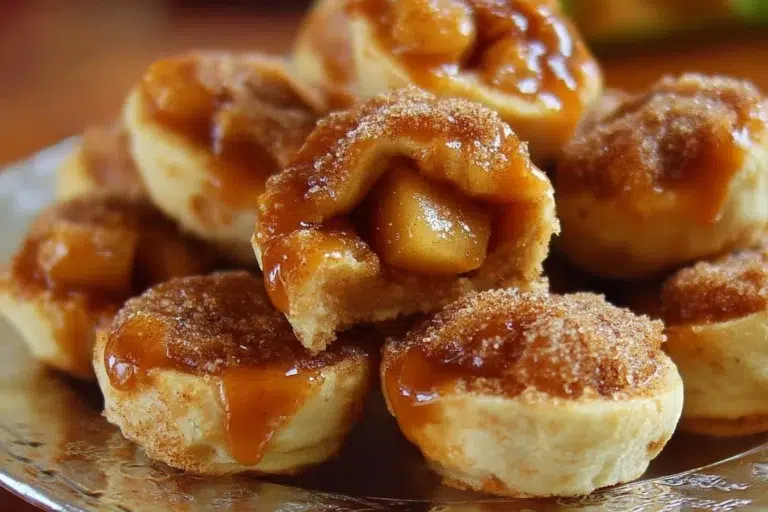 Caramel Apple Pie Bites with caramel drizzle and fresh apples on a rustic table