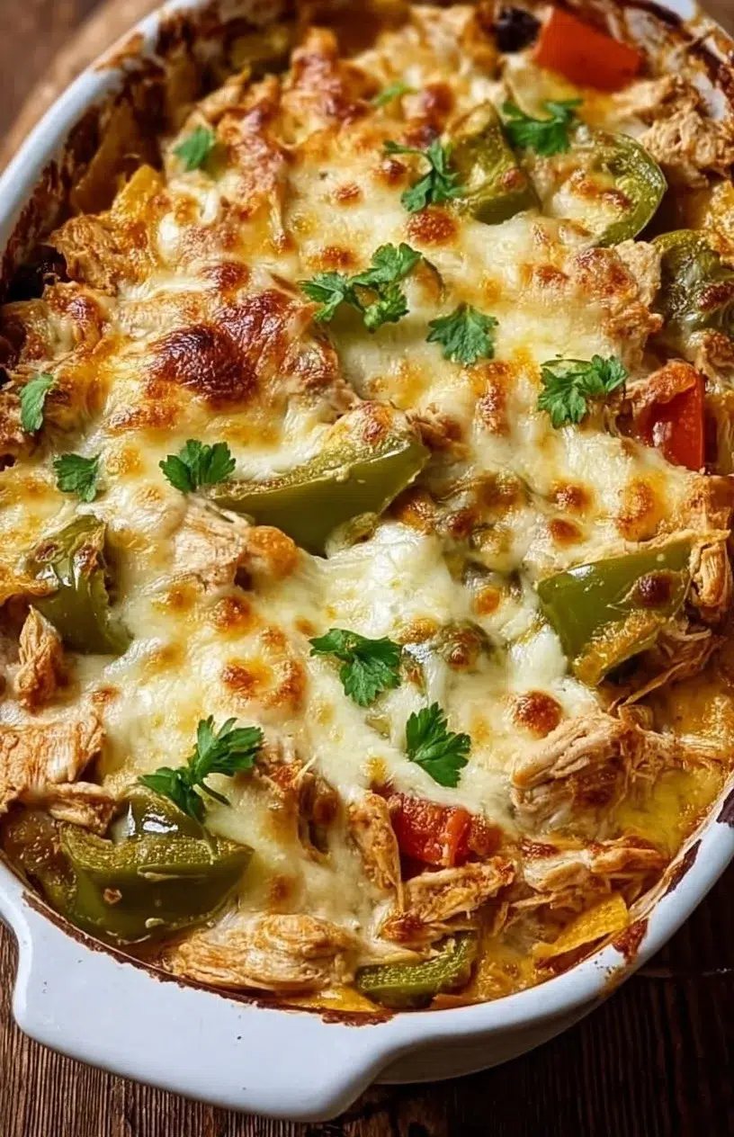 Cheesy Chicken Fajita Casserole served in a baking dish