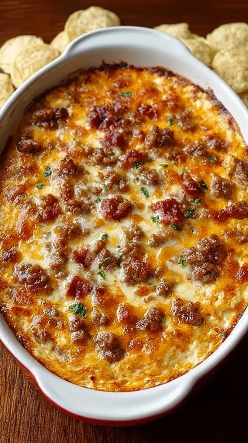 Delicious Cheesy Sausage and Bacon Baked Dip served in a baking dish