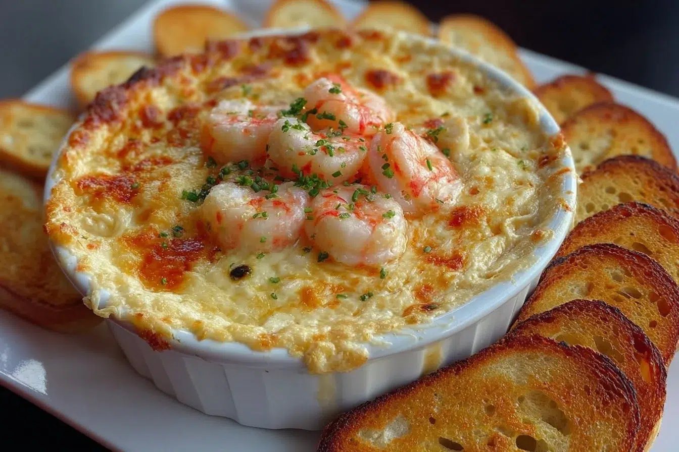 Cheesy shrimp and crab dip baked in a dish, garnished for serving