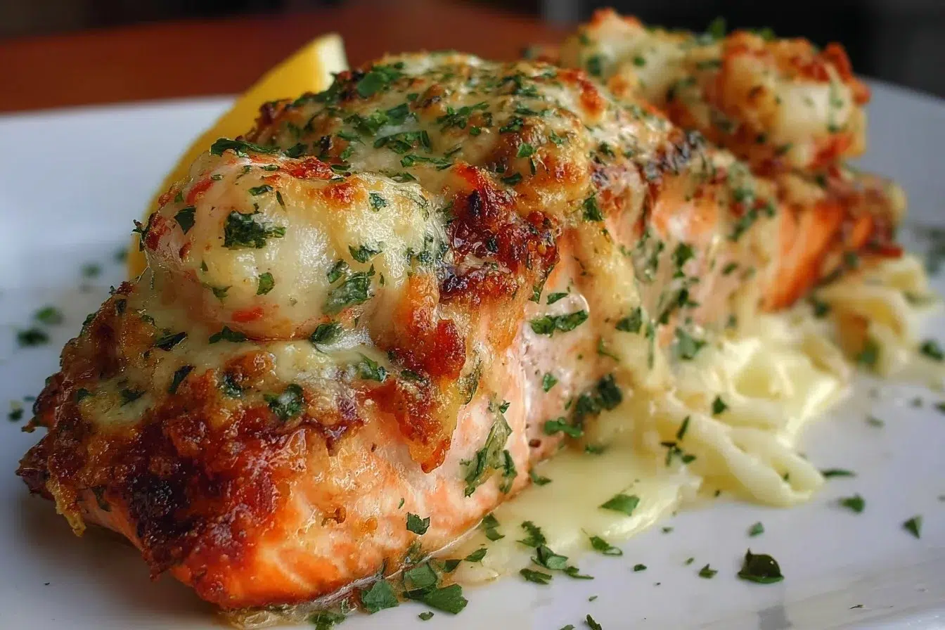 Cheesy shrimp-stuffed salmon served with lemon and herbs