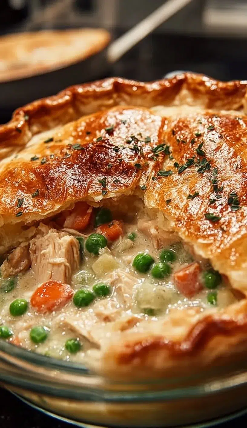Delicious Chicken and Ham Pot Pie with creamy vegetable filling served in a flaky crust.
