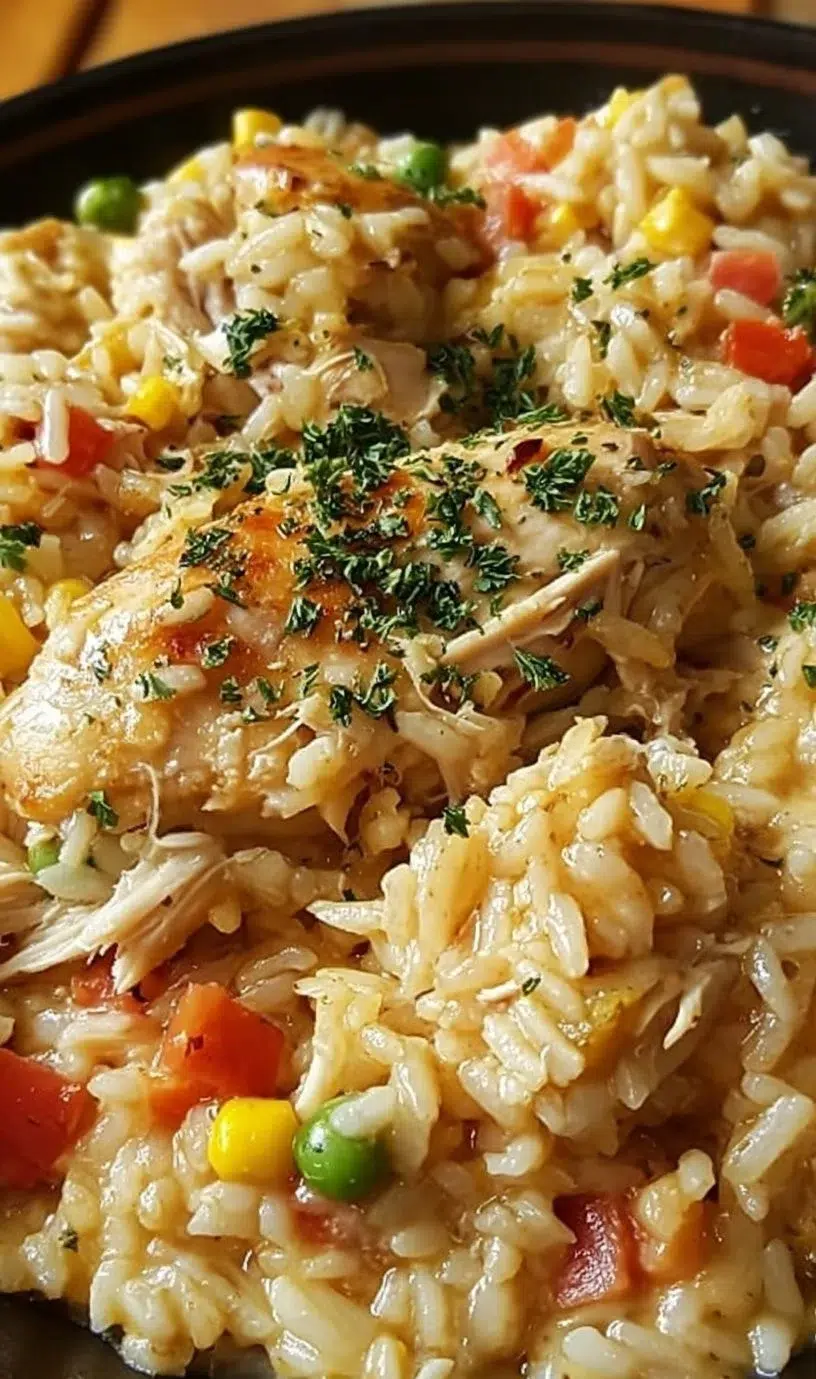 Delicious Chicken Rice Casserole topped with herbs and golden crust