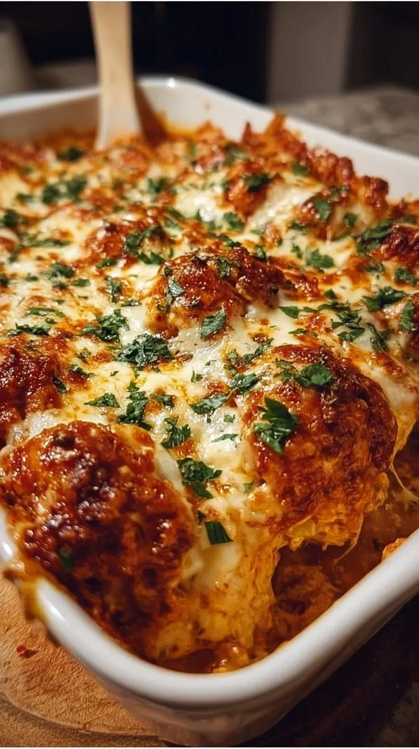 Delicious Chicken Parmesan Casserole with melted cheese and marinara sauce