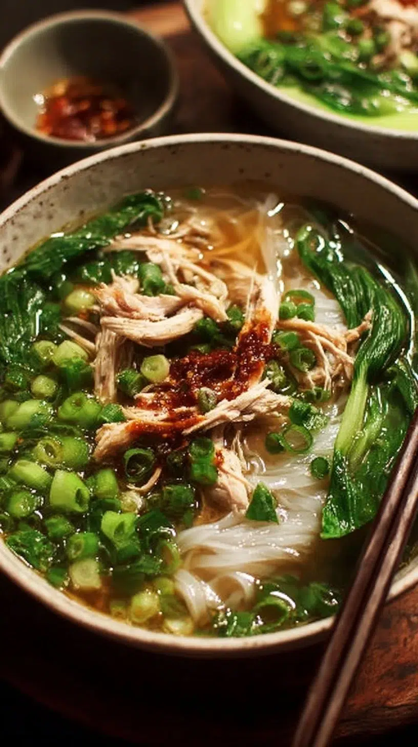 Bowl of Chicken Pho-style noodle soup with baby bok choy and lemongrass