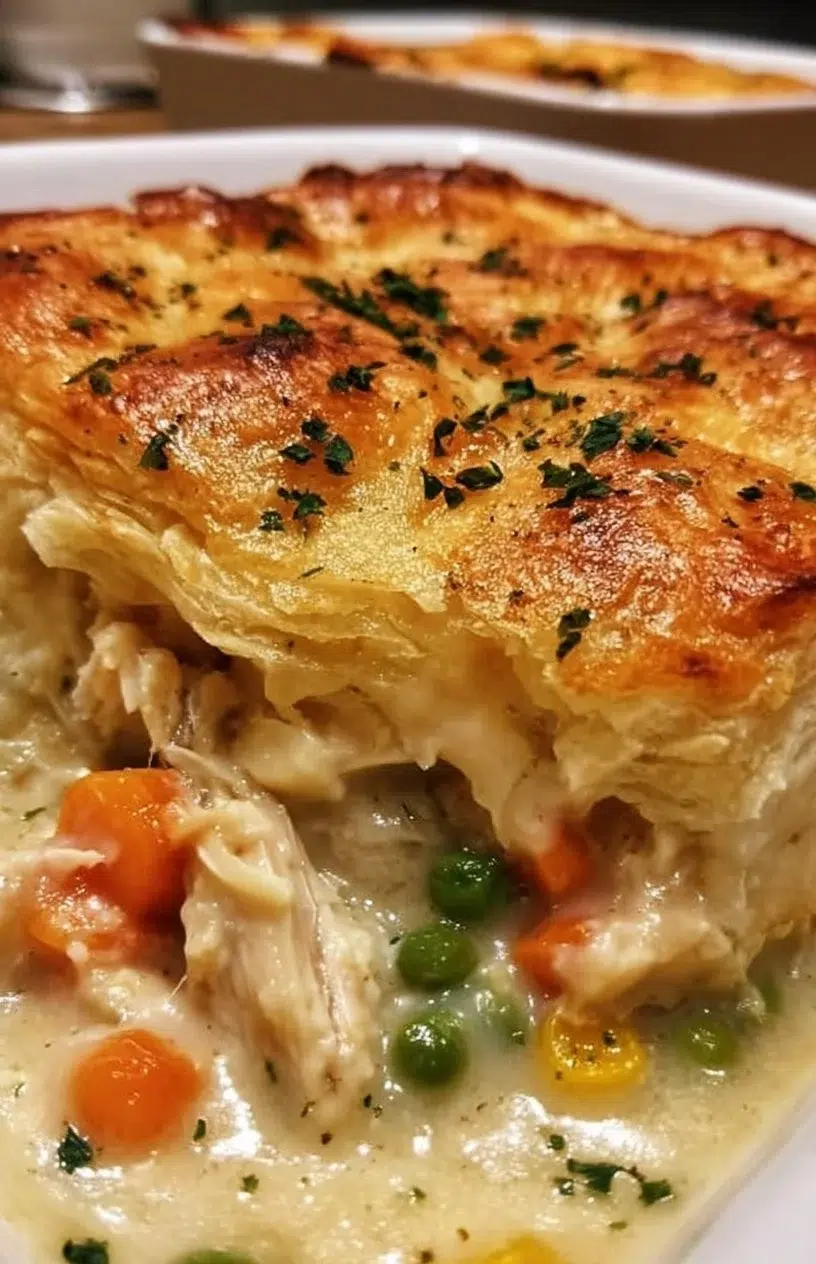 Delicious Chicken Pot Pie Casserole with vegetables and flaky crust